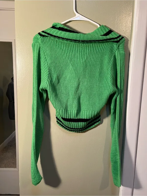 Women’s Size XL V-Neck Cut Out Sweater Green Black Stripes Ribbed Long Sleeve - Image 5