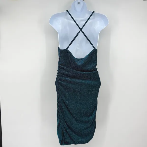 Princess Polly Size 8 Teal Metallic Ruched Bodycon Midi Dress Cross Back - Image 2