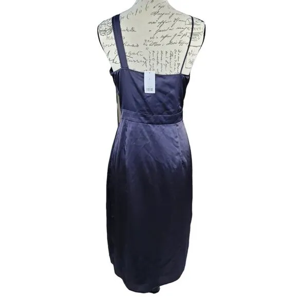 Banana‎ Republic -738 Faux Wrap Slip Dress Asymmetrical shoulder Black Satin 4 - Image 4