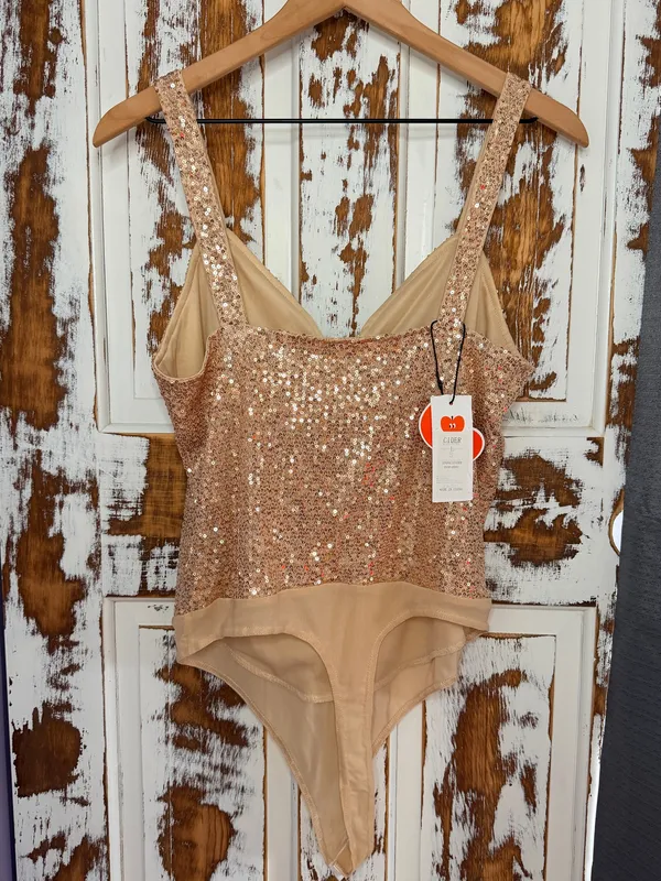 Cider Rose Gold Sequin Bodysuit Glitter Party Top Size Large NWT Glam Cocktail - Image 2