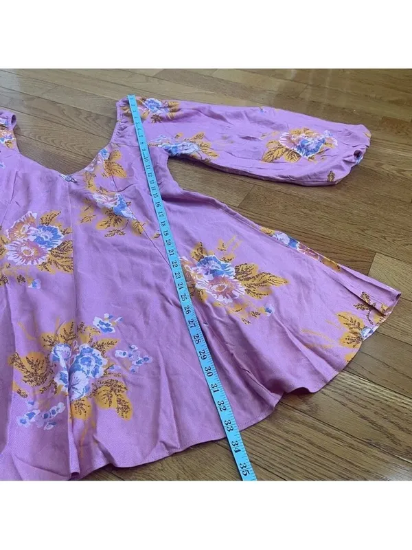 FREE PEOPLE Francesca Mini Babydoll Coqette Dress Floral Pink Puff Long sleeve L - Image 7