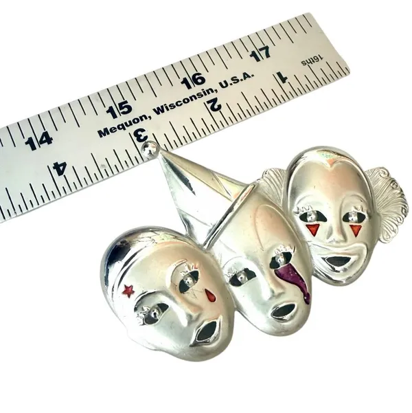 Vintage Silver Tone Triple Clown Theater Mask Enamel Brooch - Image 8