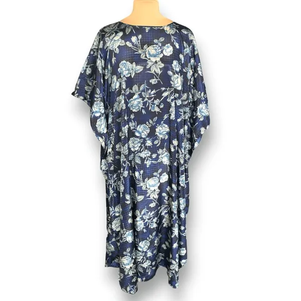Vintage California Dynasty Blue Floral Caftan‎ Dress Boho Midi Resort Lounge - Image 10