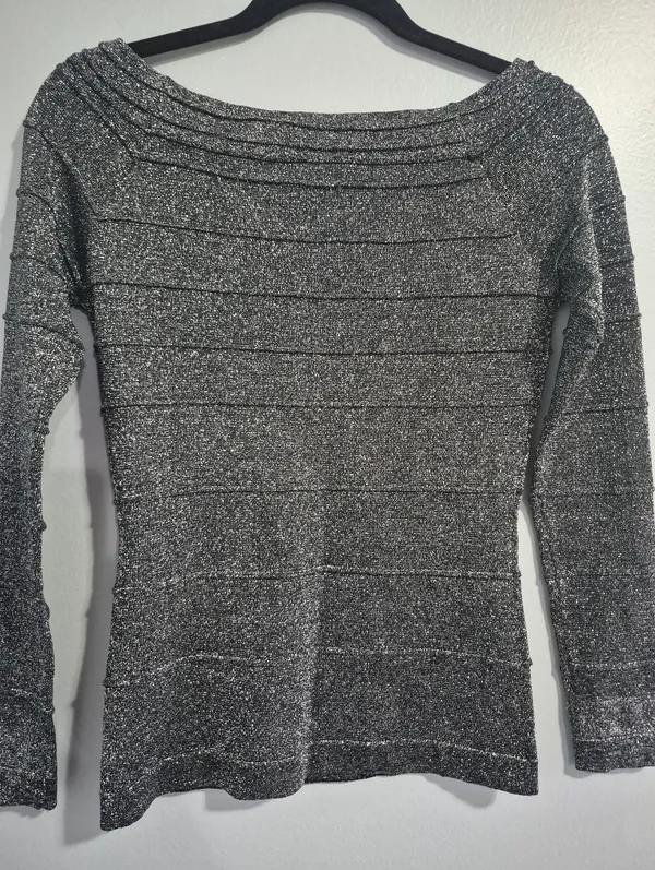 Y2K Vintage Cache 90s 2000s grey Metallic Ribbed Off The Shoulder Knit Top Small - Image 6