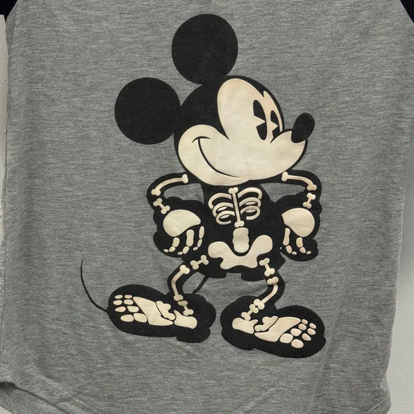 Disney‎ Mickey Mouse Skeleton Halloween Raglan Baseball Tee Gray Black Small - Image 3
