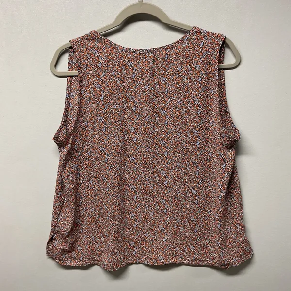 LOFT Women Sleeveless Blouse Orange Blue Ditsy Floral Split Neck Top Size Medium - Image 3