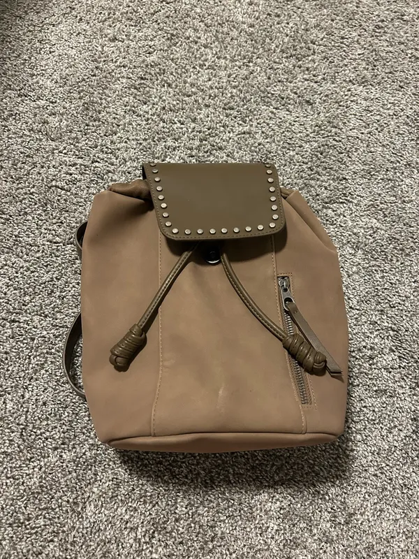 Brown Faux Leather Mini Backpack Studded Flap Boho Casual - Image 2