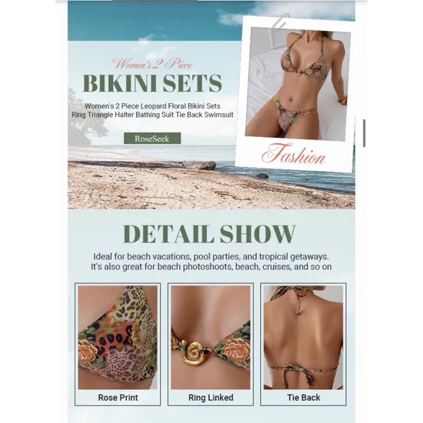 Women's 2 Piece Leopard Floral Bikini Sets Ring Triangle Halter XS - Image 5