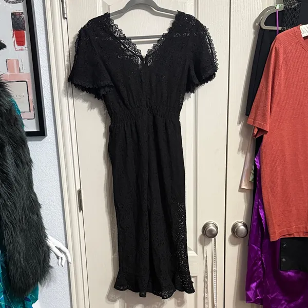 💖 Black Sheer Lace Cropped Ruffle‎ Jumpsuit Romper Whimsigoth Gothic Romantic - Image 3
