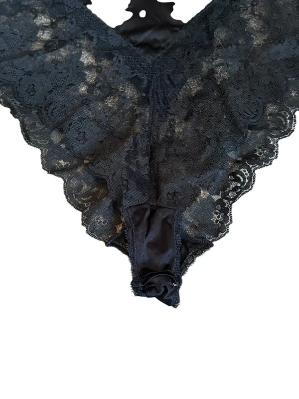 Vintage 80s Black Silky Nylon & Lace Teddy Lingerie Dark Romantic Cottagecore - Image 4