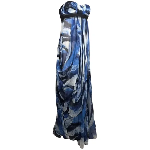 BCBGMAXAZRIA Blue Black Watercolor Silk Strapless Maxi Dress Sz 4 - Image 4