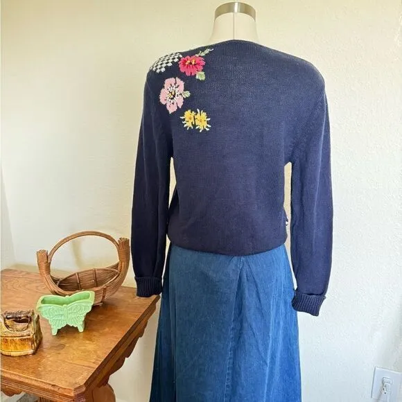 Vintage Floral hand Embroidered Knit‎ Sweater Navy V-Neck Cottagecore 3-D - Image 5
