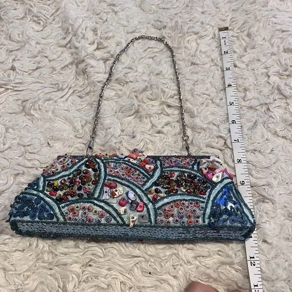 Hand Beaded Shell Clutch Purse Teal Blue Kiss Lock Evening Bag w/ Chain - Image 12