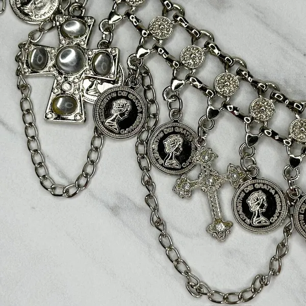 Rhinestone Cross and Coin Charm Silver Tone Metal Chain Link Belt OS One Size - Image 5