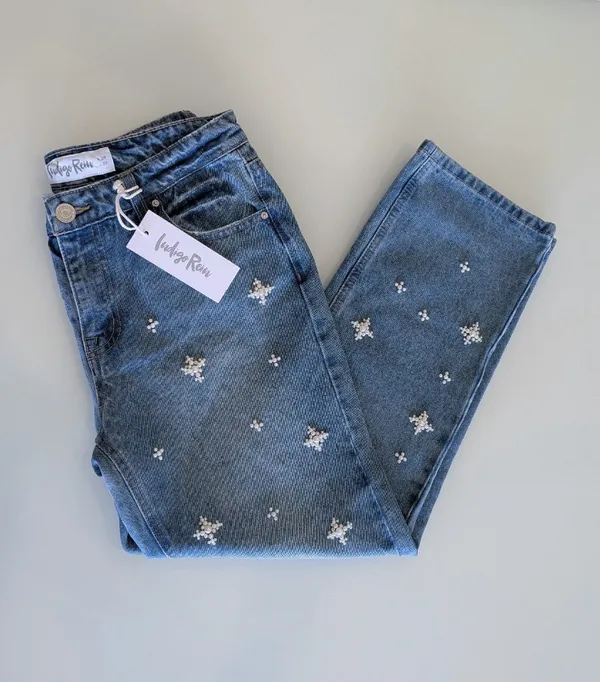 NWT Pearl Beaded Star Embellished Straight Leg Denim Jeans Sz 9 Medium Wash - Image 11