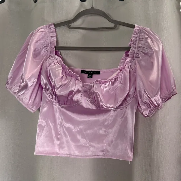 Haute Monde Lilac Satin Puff Sleeve Corset Crop Top Size XS - Image 2