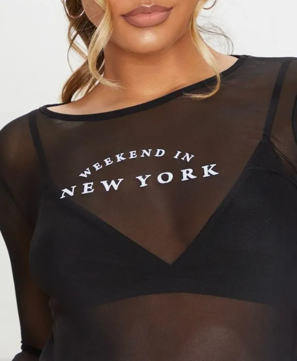 New Pretty Little Thing Weekend In New York Mesh Long Sleeve Top Black Size 10 - Image 4