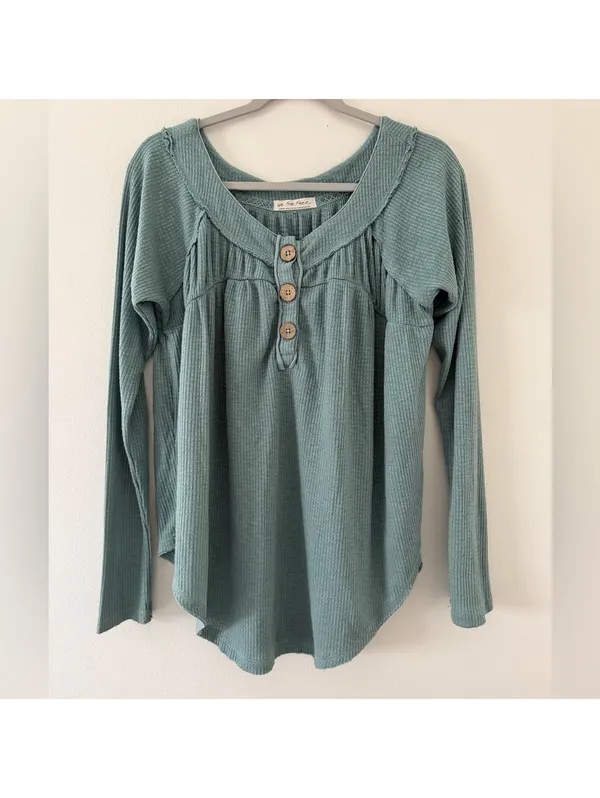 Free People We the Free Must Have Henley Waffle Aqua blue Long Sleeve size large - Image 4