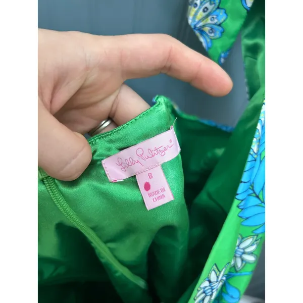 Lilly Pulitzer Green Floral 100% Silk Halter Dress Size 8 Tropical V-Neck Lined - Image 5