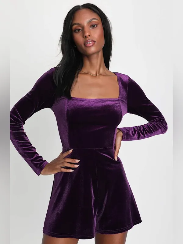 Lulu's Feeling Cheery Purple Velvet Long Sleeve Tie-Back Romper - Image 3