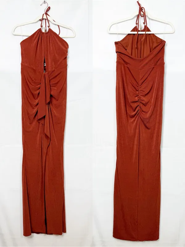 Oh Polly Margot Hardware Detail Cut-Out Halterneck Maxi Dress Auburn Brown - Image 3