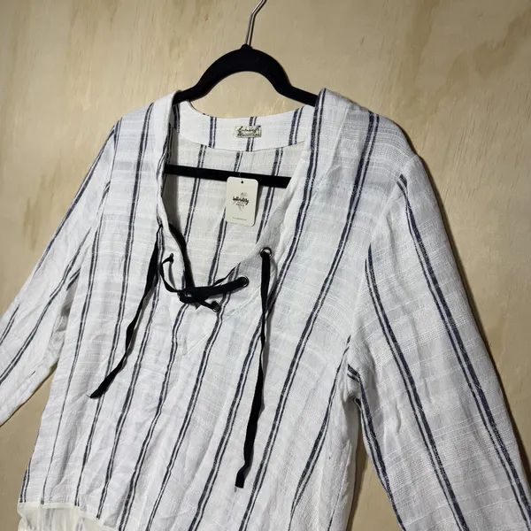 Free People Intimately Bodysuit Top Medium NWT‎ Lace Up Striped Boho Linen Blend - Image 2