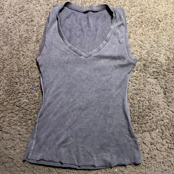 Unbranded‎ Mineral Wash Grey V-Neck Tank Top Raw Hem Sleeveless Slim Fit Shirt - Image 2