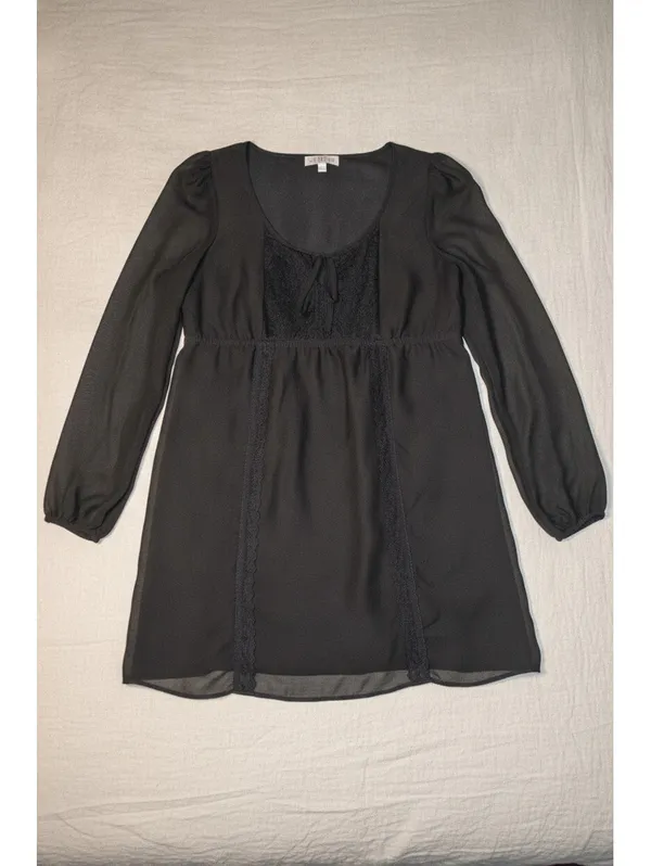 As You Wish Size L Black Sheer Chiffon Lace Tie Front Babydoll Dress Romantic Goth - Image 4