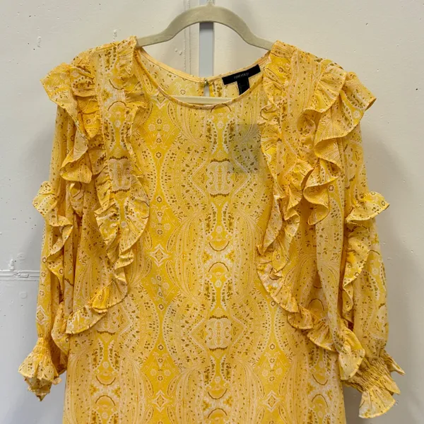 Forever 21 Yellow Paisley Ruffle Mini Dress Long Sleeve Smocked Cuffs Size Small - Image 3