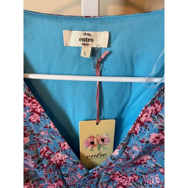 Entro Blue Pink Floral Corduroy Peplum Top V-Neck Ruffle Long Sleeve Blouse L - Image 2