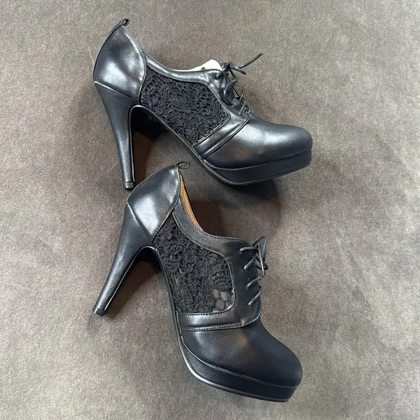 Women’s Black High Heel Lace Up Booties with Lace Detail EU40 Size 9/9.5 US NEW - Image 5