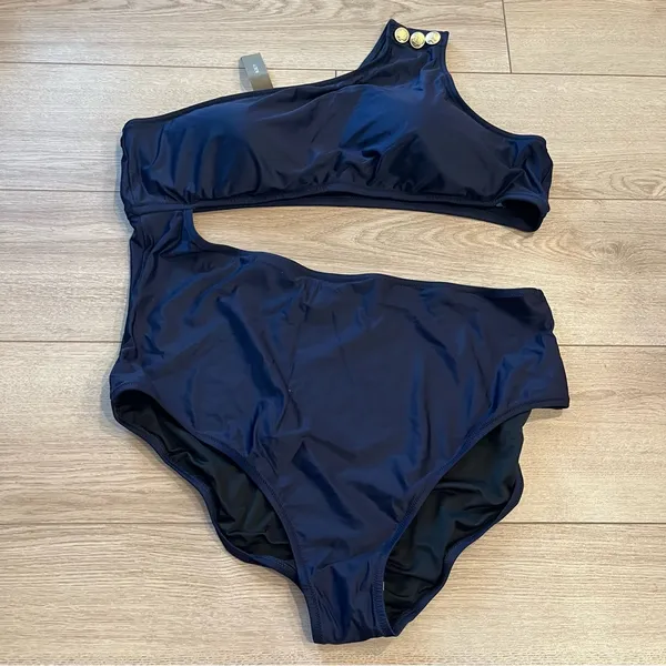 NWT J. Crew Cutout One Piece Full Coverage Swimsuit Buttons Navy Size 24 - Image 2
