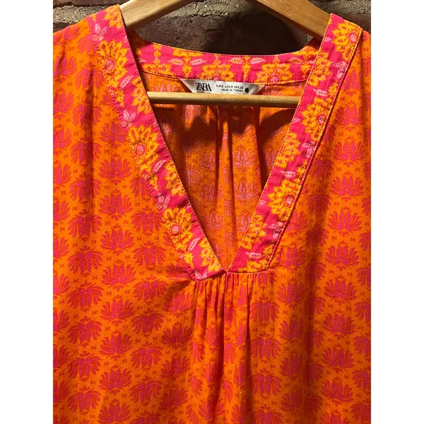 ZARA Boho Printed Tunic Beach Cover Up Mini Dress Orange Fuchsia Cotton S - Image 5