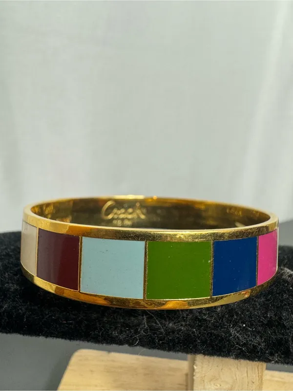 COACH Y2K Legacy Stripe Bangle 1/2" Wide Bracelet Gold Tone Multicolor 7.5" - Image 5