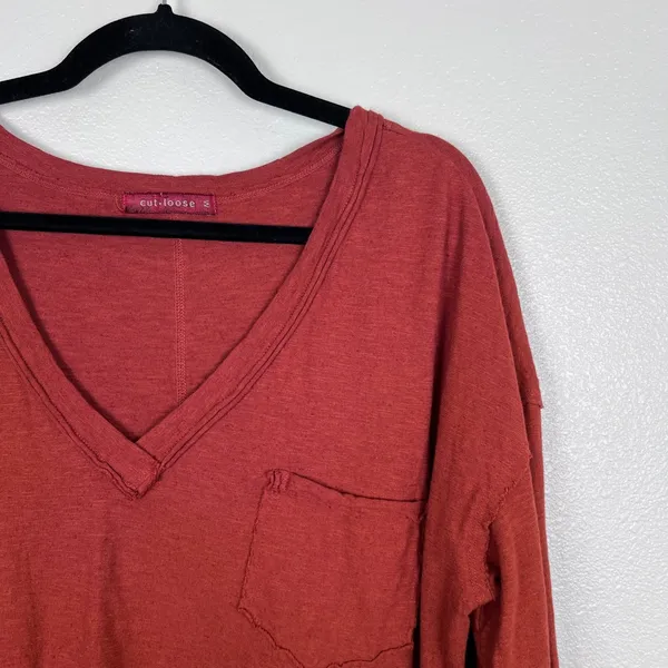 Cut‎ Loose Womens Linen Blend V-Neck Long Sleeve T-Shirt Red Oversized Medium - Image 3