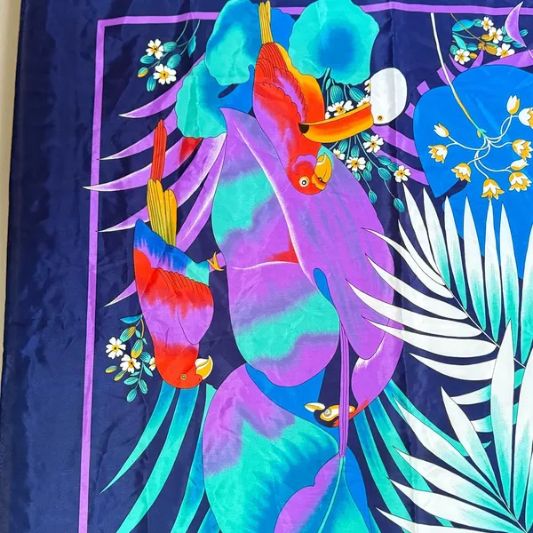 Vintage 90s Square Tropical Leaf Parrot Scarf Wrap Tropical Summer 36" x 43"‎ - Image 3
