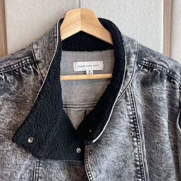Something Navy teddy denim puff sleeve bomber jacket - Image 4