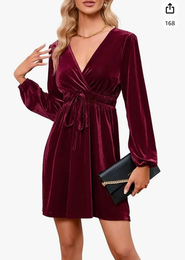 Women's Velvet Dress Wrap V Neck Pleated Waist Long Sleeve Casual Party Skater Dresses - Image 2