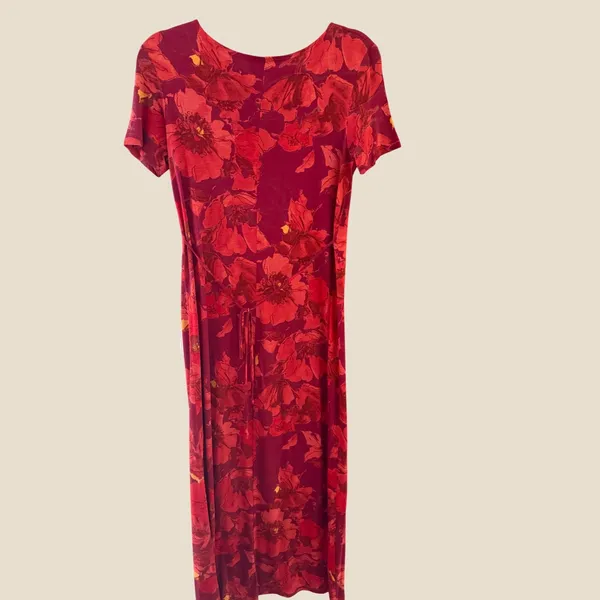 Saint Tropez Vintage Y2k Fall Red Floral Maxi Dress Short Sleeve Scoop Neck 4 - Image 4