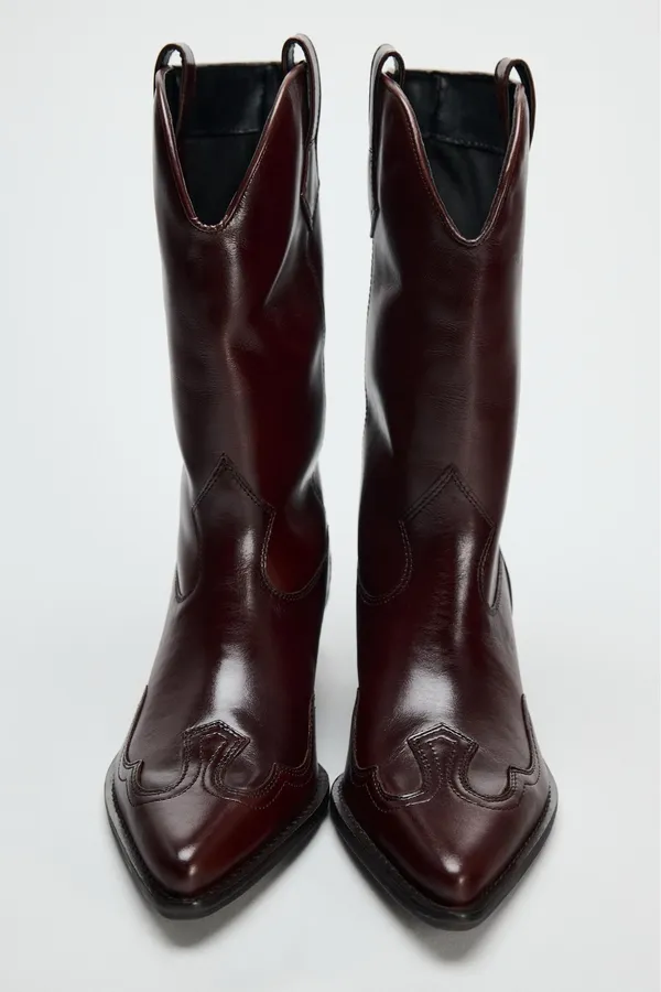 Zara burgundy leather western boots cowboy cowgirl boho ankle shoes - Image 5