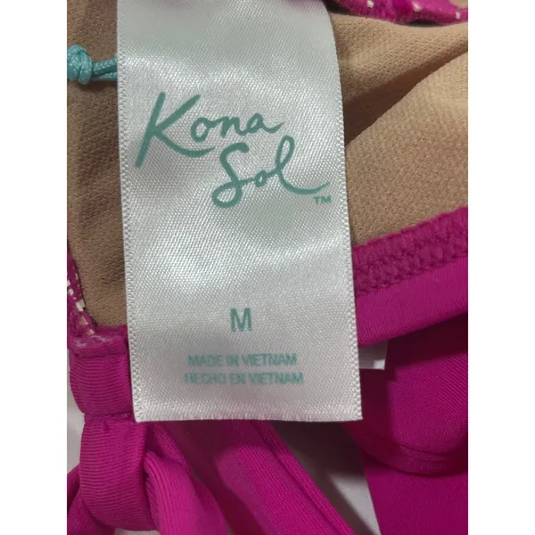 Kona Sol Crochet Trim‎ Lace Up Back 1 Piece Swimsuit Women M Hot Pink Barbievore - Image 6