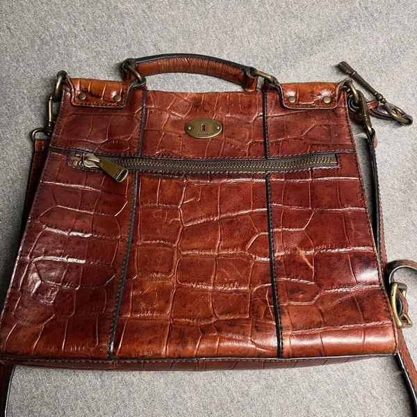 Fossil Crossbody Bag‎ Croc Embossed Leather Brown Women Small ZB5438 - Image 4