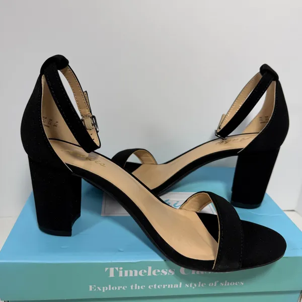 Ankis Women Black Faux Suede Block Heel Ankle Strap Sandals Size 7.5 Open Toe‎ - Image 4