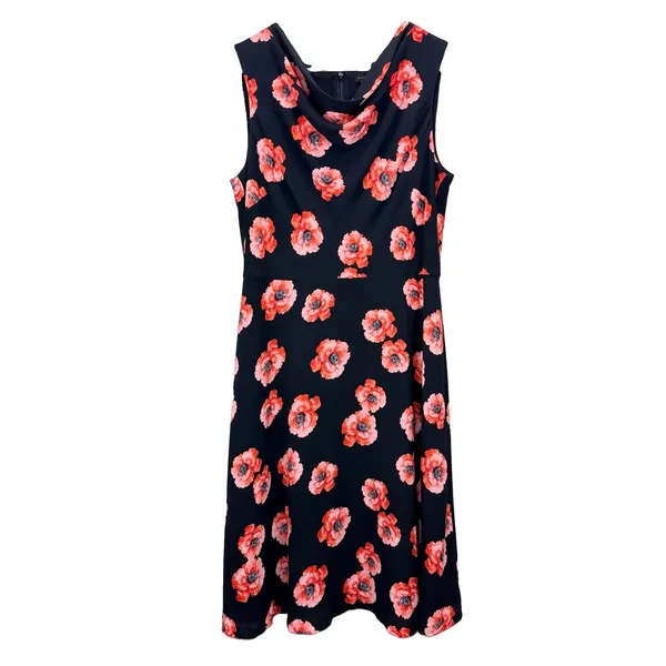 Talbots Coral Poppy Floral Cowl Neck Sleeveless Flare Midi Dress Size 10 - Image 4