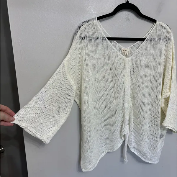 POL V-Neck Open Knit Lightweight Knit Beachy Sweater in Off-White/Ivory - Size S - Image 3