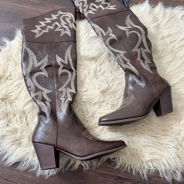 Dark Brown Flame Over The Knee Thigh High Cowgirl Western Boots EU 38 / US 7 - Image 2