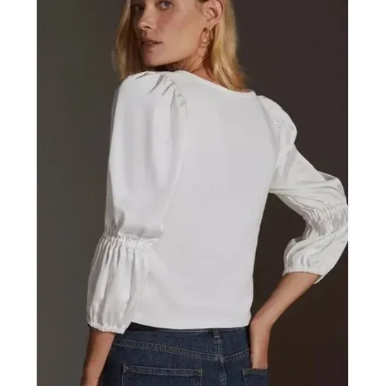 Maeve Anthropologie Puff Sleeve Scoop Neck Ribbed‎ Knit Top white XS cottagecore - Image 4