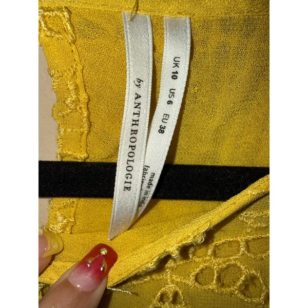 Anthropologie Mustard Yellow Eyelet Lace Ruffle Peplum‎ Blouse Top 6 Whimsical - Image 6