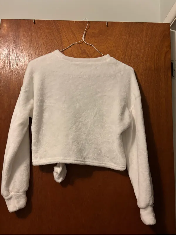 SHEIN XS White Tie-Front Fleece Pullover Sweatshirt - Image 2