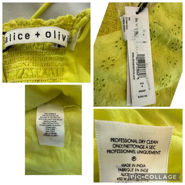 Alice + Olivia Fae Eyelet Embroidered Floral Mini Dress Yellow V-Neck Size 4 NEW - Image 6